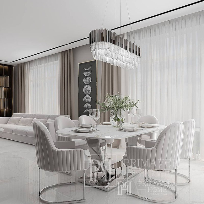 Išskirtinis valgomojo stalas, žavingas, modernus, dizaineris, balto marmuro stalviršis, sidabrinis ART DECO OUTLET