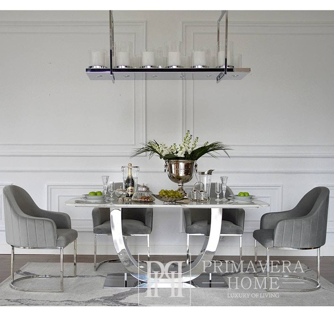 Ekskluzywny stół do jadalni, glamour, nowoczesny, designerski, biały blat marmurowy, srebrny ART DECO 220 cm OUTLET 