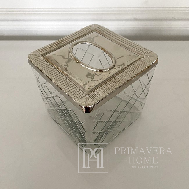 Crystal tissue box, modern, with a steel lid, silver square tissue holder