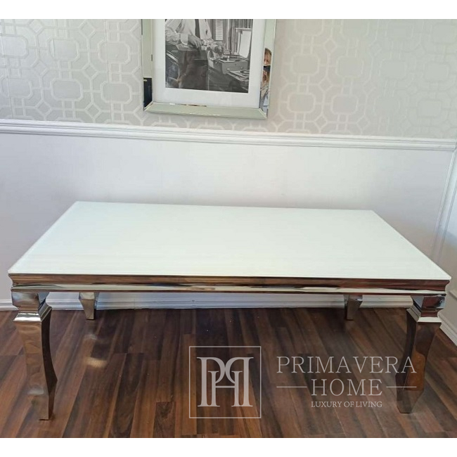 Išskirtinis žavingas stalas, stiklinis stalviršis, sidabrinis, plieninis, modernus, dizainerio Albano