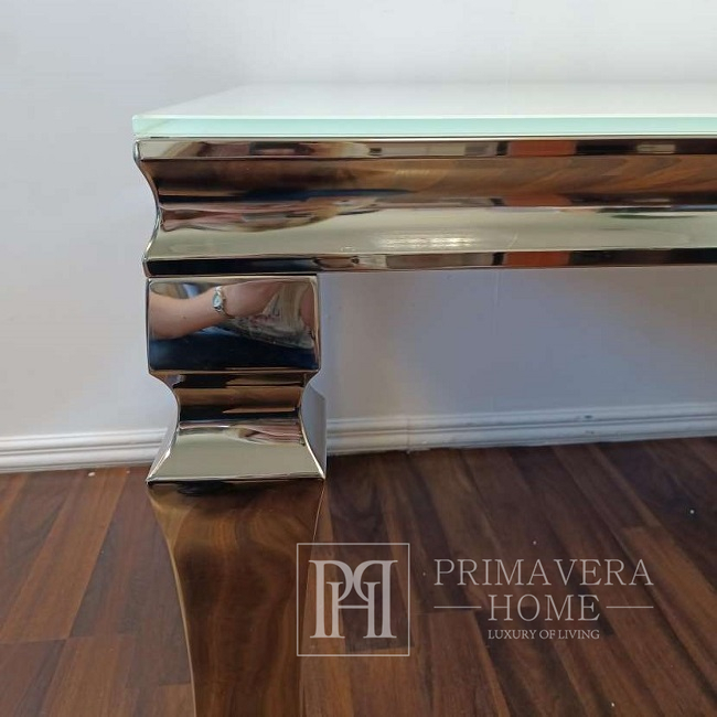 Išskirtinis žavingas stalas, stiklinis stalviršis, sidabrinis, plieninis, modernus, dizainerio Albano
