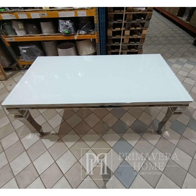 Exclusive glamor table, glass top, silver, steel, modern, designer Albano 