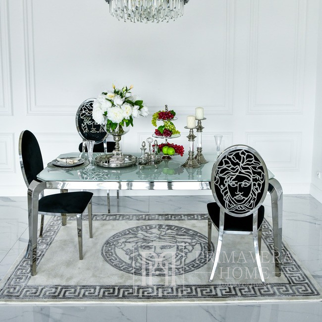 Designer carpet, with the face of a medusa, for the living room and dining room, Greek pattern, gray MEDUSA SILVER