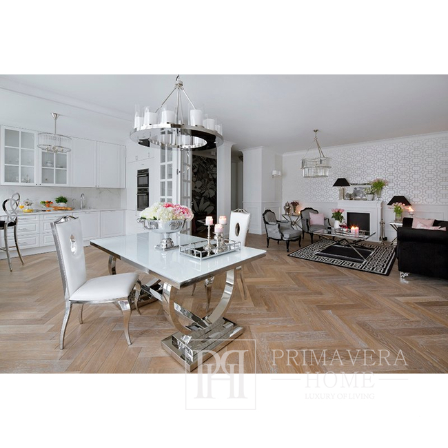 Modern glamor dining table white glass steel top silver MARCELLO OUTLET 220cm 