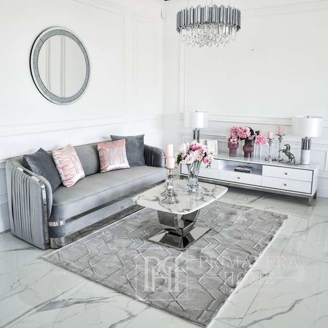 Sofa glamour, luksusowa, 3 osobowa, klasyczna, glamour, wygodna, plisowana, szara, srebrna MADONNA