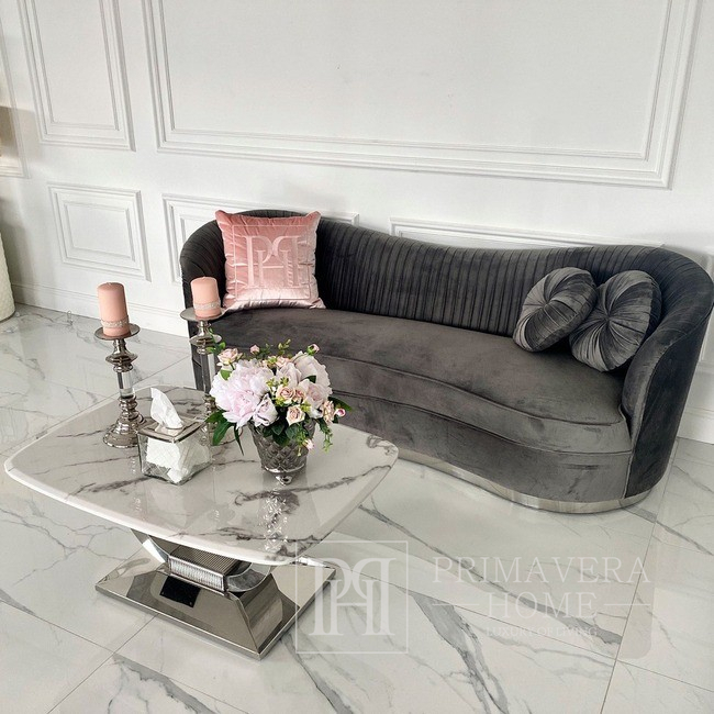 Sofa glamour nowoczesna do salonu, plisowana, klasyczna, szara DONNA