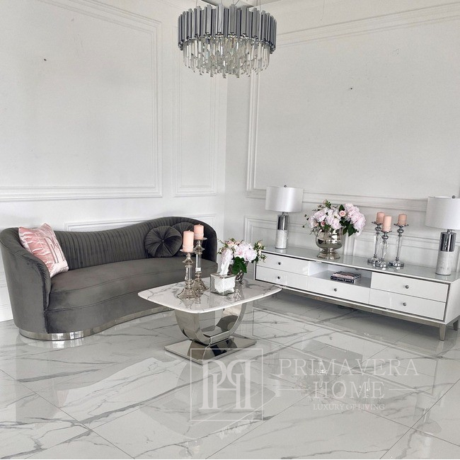 Sofa glamour nowoczesna do salonu, plisowana, klasyczna, szara DONNA