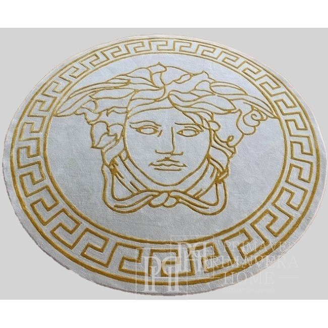 Medusa veido apvalus kilimas svetainei, valgomajam, graikiškas raštas, smėlio spalvos, auksinis MEDUSA GOLD 180cm 