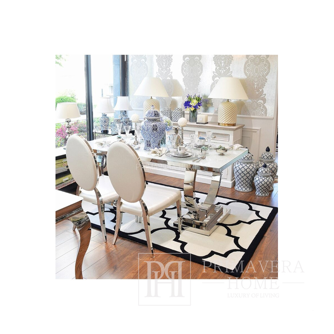 Glamour Tisch, modern, exklusiv für das Esszimmer weiße Glasplatte Stahl silber MARCELLO 280cm 