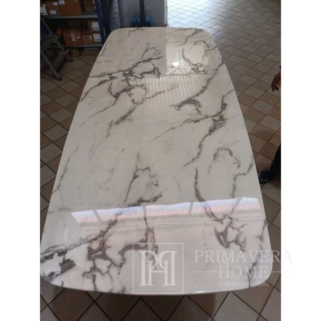 Ekskluzywny stół do jadalni, glamour, nowoczesny, designerski, biały blat marmurowy, srebrny ART DECO 220 cm OUTLET 