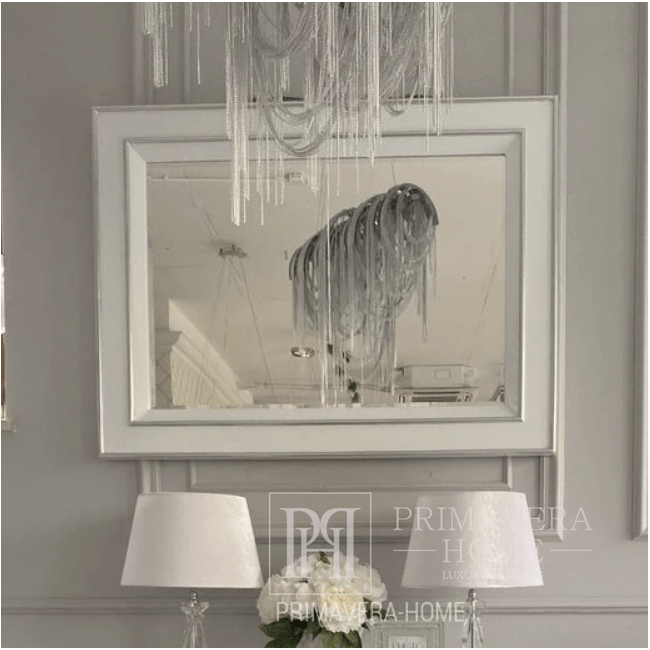 Lustro dekoracyjne prostokątne PRINCESSA glamour w stylu nowojorskim biała rama 120x90cm OUTLET