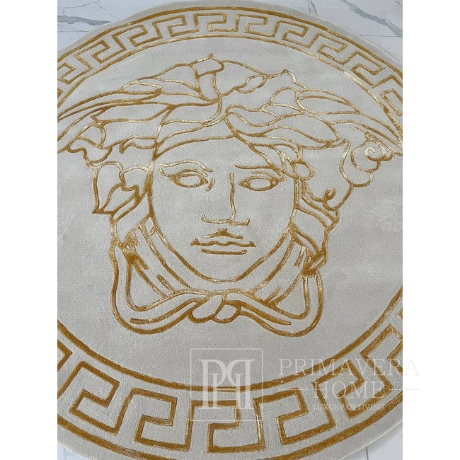 Runder Teppich mit Medusa-Gesicht für Wohnzimmer, Esszimmer, griechisches Muster, beige, gold MEDUSA GOLD 180 cm 