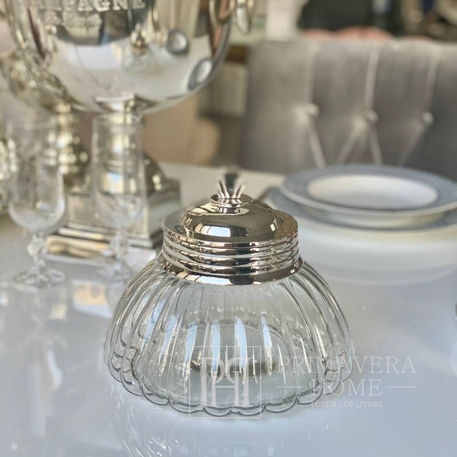 Glass container with a lid, stripes, silver, for sweets, low platter, glamor, OTYLIA SILVER