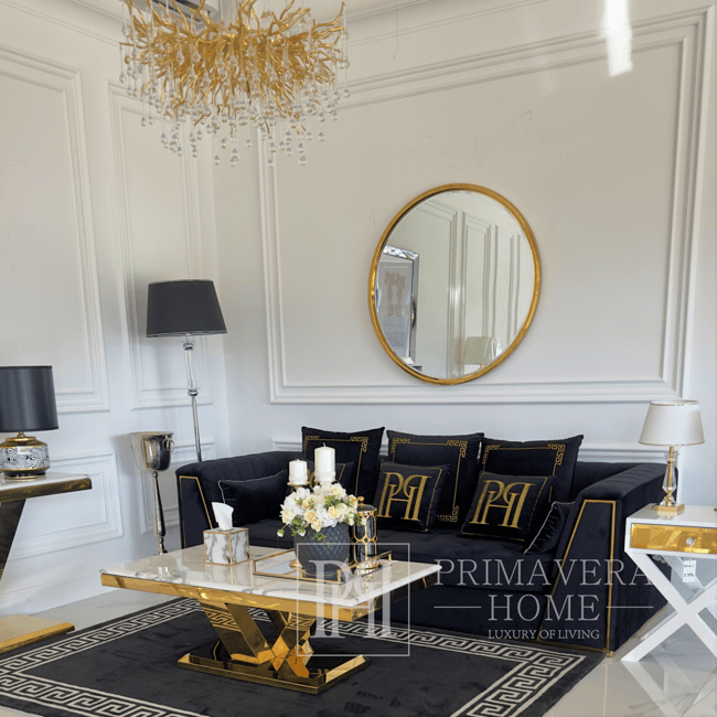 Black velvet quilted sofa, modern in a glamor style, for a golden living room MONTE CARLO