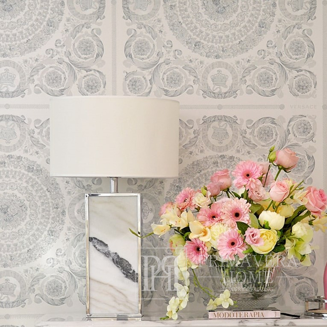Lampa stołowa glamour klasyczna, nowoczesna, hamptons, prostokątna z białym abażurem,  srebrna VERONICA