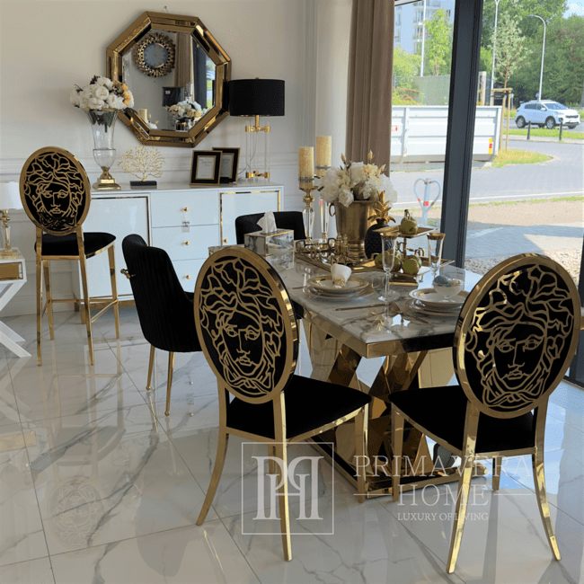 Išskirtinė glamūrinė kėdė valgomajam, moderni, plieno juoda, auksinė MEDUSA 