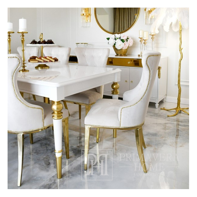 Krzesło glamour nowoczesne, tapicerowane, do jadalni, z prostym stalowym stelażem, pikowane, z kołatką, wygodne, złote GRETA 