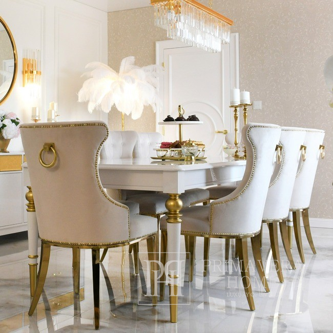 Moderni, apmušta glamour kėdė valgomajam, su paprastu plieniniu rėmu, dygsniuota, su beldimu, patogi, auksinė GRETA 