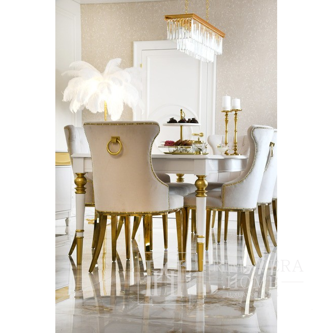 Moderner, gepolsterter Glamourstuhl für das Esszimmer, mit schlichtem Stahlgestell, gesteppt, mit Klopfer, bequem, golden GRETA