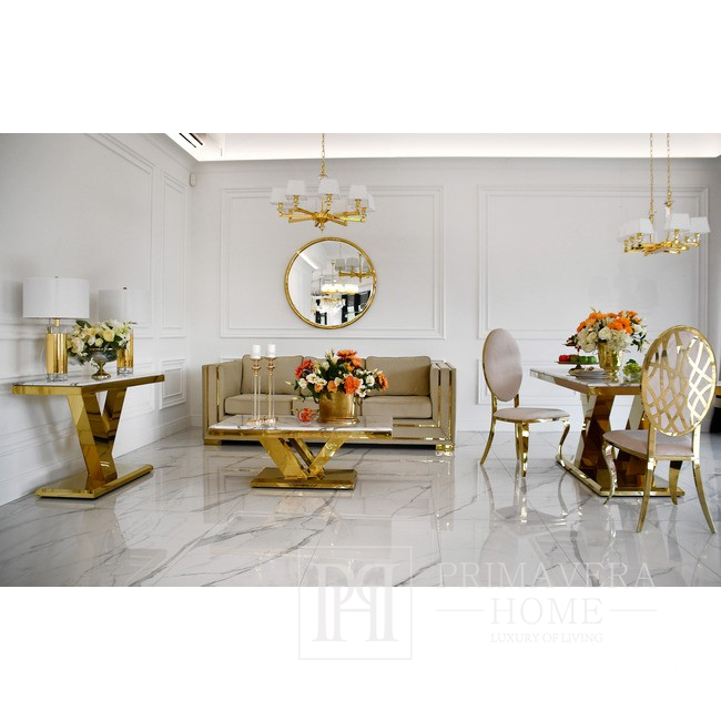 Sofa glamour do salonu, designerska, ekskluzywna, luksusowa ze złotymi listwami MONACO