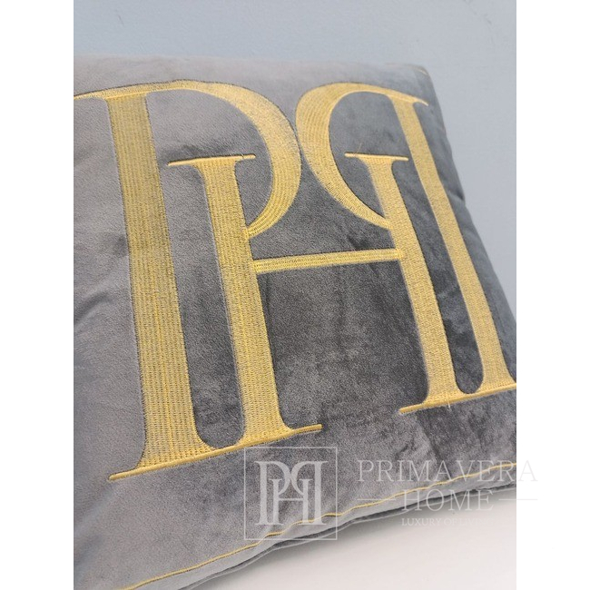 PH-Kissen 40x40 mit grauem Logo aus Veloursstoff mit goldener Stickerei 
