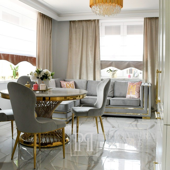 Sofa narożna z listwami, nowoczesny narożnik, do salonu, rozkładana, designerska złota, srebrna z listwami MONACO