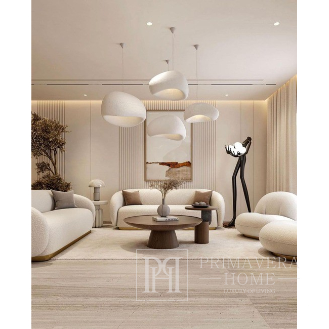 Šiuolaikinio dizaino pusapvalė sofa svetainei smėlio spalvos boucle MIAMI 210 cm 