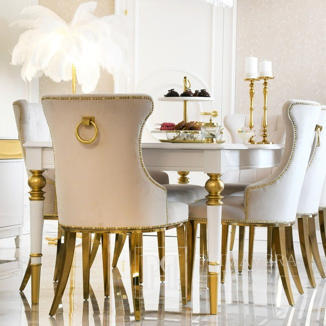Stół glamour rozkładany stylowy elegancki drewniany wysoki połysk złoty QUEEN