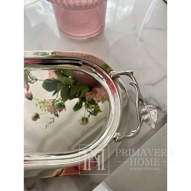 Modern, oblong silver glamor tray with high-gloss handles 