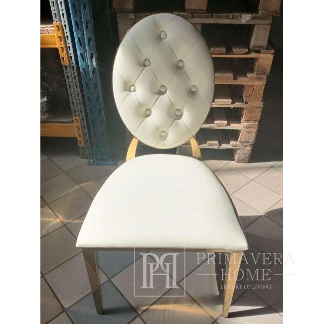 Zestaw 2 krzeseł glamour z pikowaniem, okrągłe oparcie, stalowe, białe, złote MEDALION OUTLET 