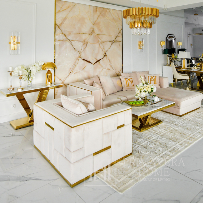 Exclusive glamor corner sofa, modern, upholstered, gold, beige, right-hand corner sofa EMPORIO OUTLET 
