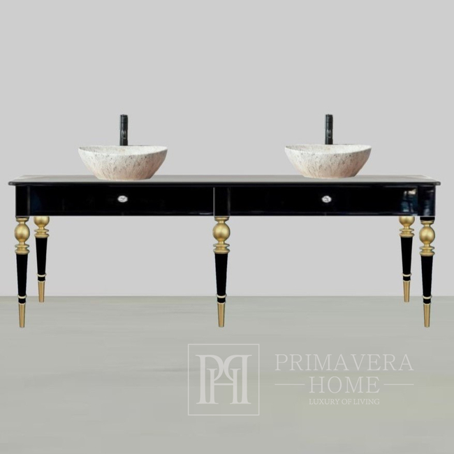 Glamour vonios konsolinis staliukas mediniams praustuvams su juodais ir auksiniais stalčiais QUEEN