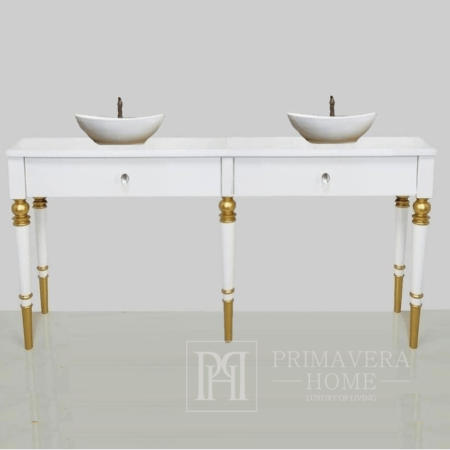 Konsola glamour łazienkowa pod umywalki drewniana z szufladami biała złota QUEEN