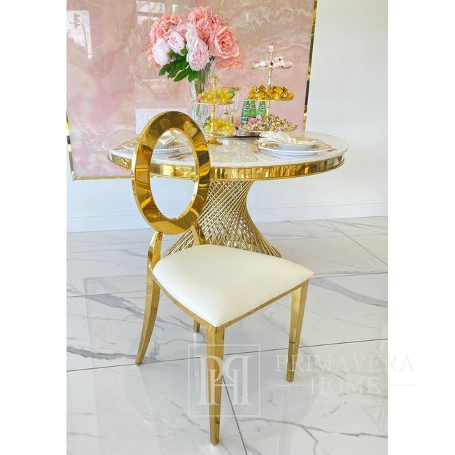 Ekskluzywne krzesło na salę weselną, na ślub złote białe glamour, wygodne, bankietowe do hotelu, restauracji RING