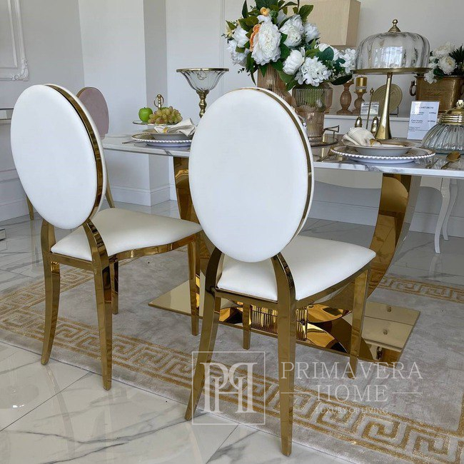 Ekskluzywne krzesło na salę weselną, na ślub złote białe glamour, wygodne, bankietowe do hotelu, restauracji RING 