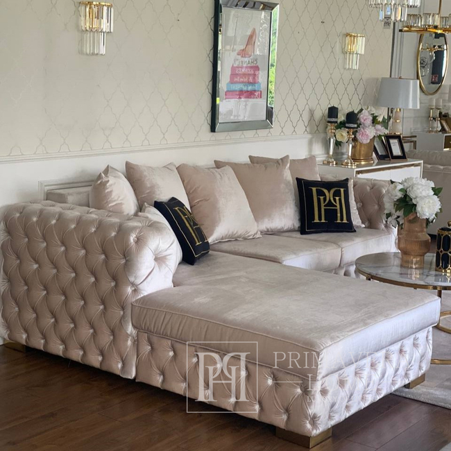 Sofa glamour nowoczesna narożna, pikowana z poduszkami, wygodny narożnik rozkładany MILANO