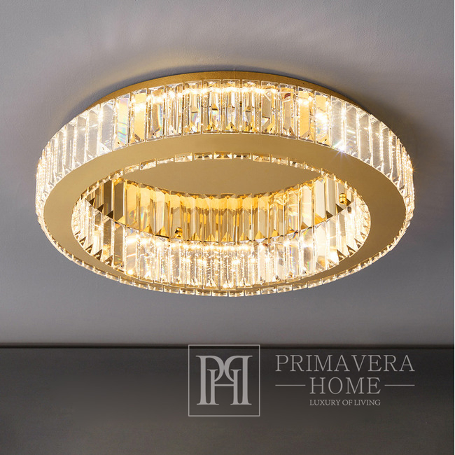 Krištolinis, auksinis, dizainerių sukurtas lubinis šviestuvas, išskirtinis modernaus stiliaus, apvalus, žiedinis, lubinis šviestuvas ECLIPSE 50 cm