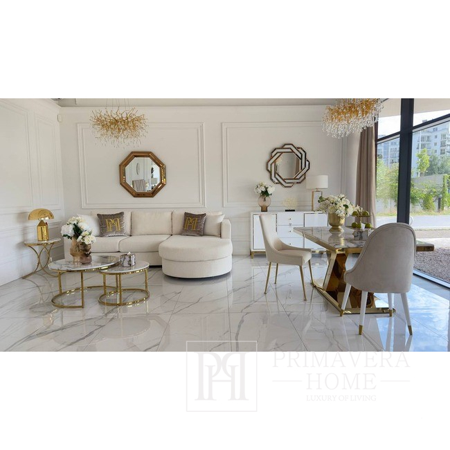 Sofa glamour nowoczesna, z dwoma szezlongami, do salonu, zaokrąglona, rozkładana, wygodny narożnik boucle PARIS DOUBLE 