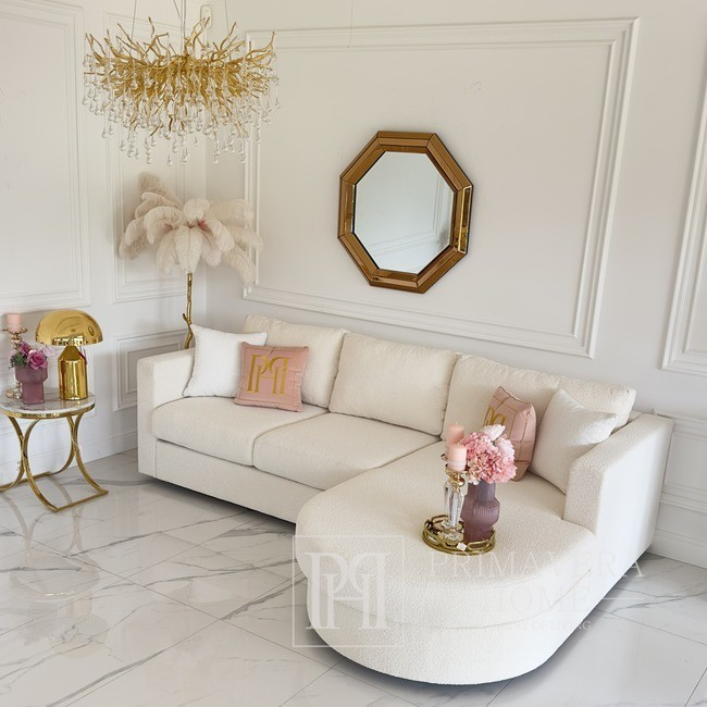 Sofa glamour nowoczesna, z dwoma szezlongami, do salonu, zaokrąglona, rozkładana, wygodny narożnik boucle PARIS DOUBLE 