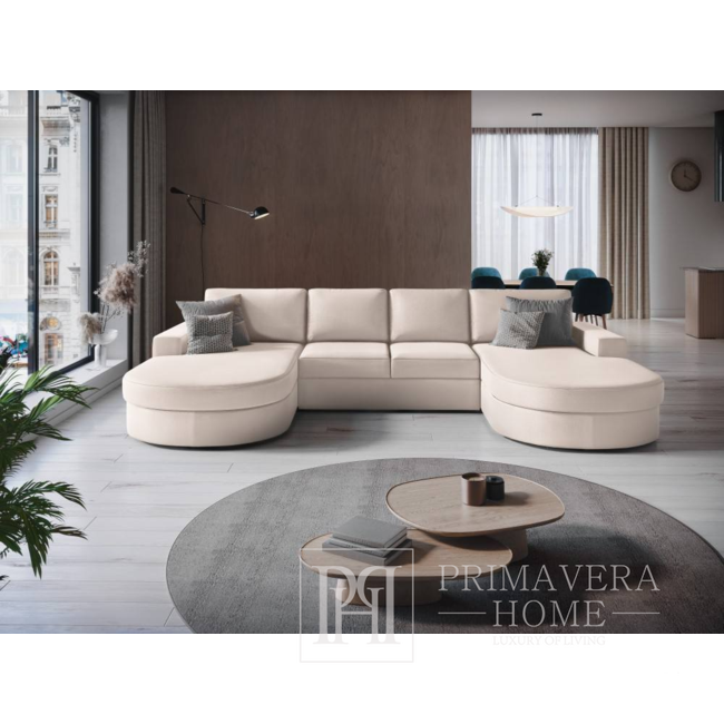Moderni glamūrinė sofa su dviem gultais, skirta svetainei, apvali, sulankstoma, patogi kampinė kušetė PARIS DOUBLE 