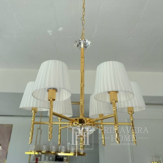 Żyrandol glamour ANGELO 60 cm nowojorski, lampa sufitowa klasyczna z białymi abażurami do salonu, sypialni złoty