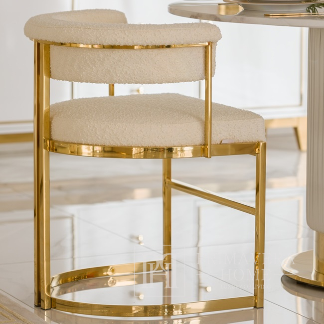 Designer-Glamour-Stuhl, Gold, Bouclé, für das Esszimmer, modern, halbrund, für den Schminktisch, Stahl MARCO 