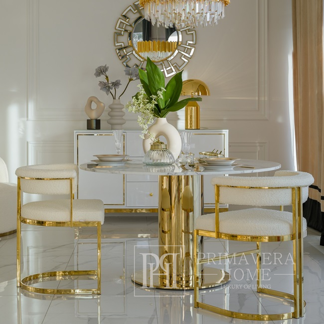 Dizainerinė glamour kėdė, auksinė, boucle, valgomajam, moderni, pusiau apvali, tualetiniam stalui, plieninė MARCO 