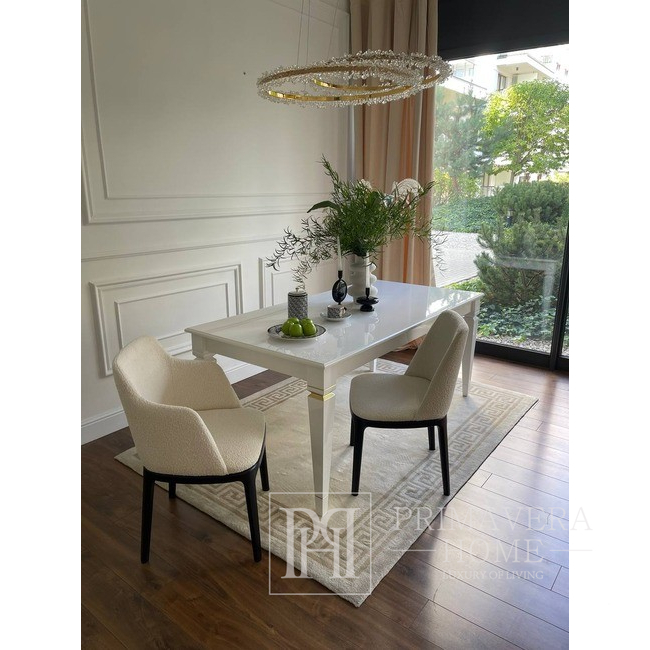 Classic glamor table, wooden, glossy, extendable, varnished for the dining room, New York, white ELEGANCE