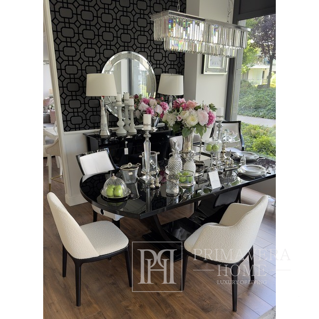 Stół glamour rozkładany, drewniany, elegancki na wysoki połysk, art deco, nowoczesny, biały, czarny DAISY
