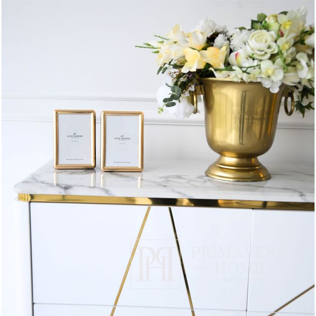 Glamūrinė komoda lakuota, moderni, dizainerė, balta ir auksinė AVENUE 120cm 