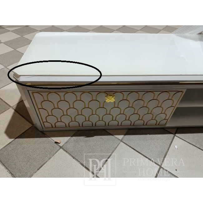 Glamor TV cabinet, high gloss, white, gold, GATSBY OUTLET style 