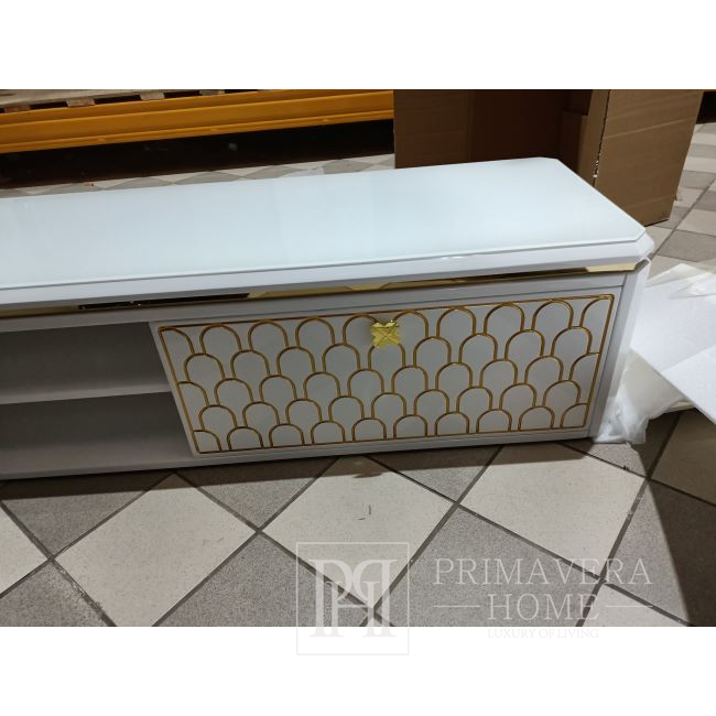 Glamor TV cabinet, high gloss, white, gold, GATSBY OUTLET style 
