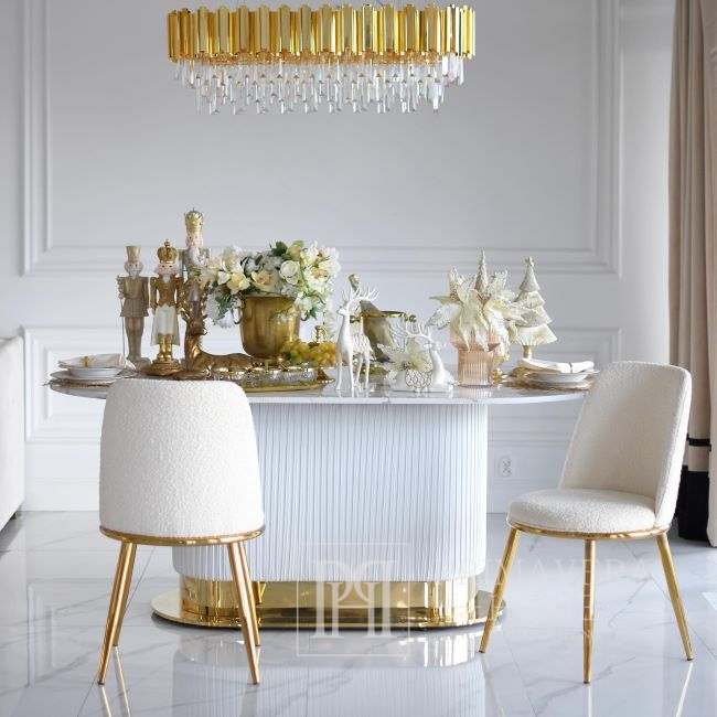 Krzesło glamour nowoczesne do jadalni, designerskie, okrągłe, beżowe, złote ENZO BOUCLE 