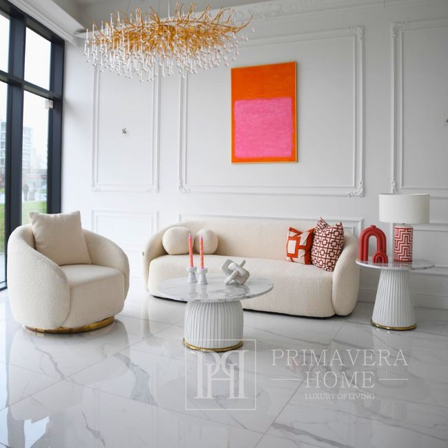 Šiuolaikinio dizaino pusapvalė sofa svetainei smėlio spalvos boucle MIAMI 210 cm 